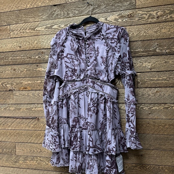 ASOS DESIGN frill mini dress with button detail in dusty purple toile du jouy - Picture 2 of 9